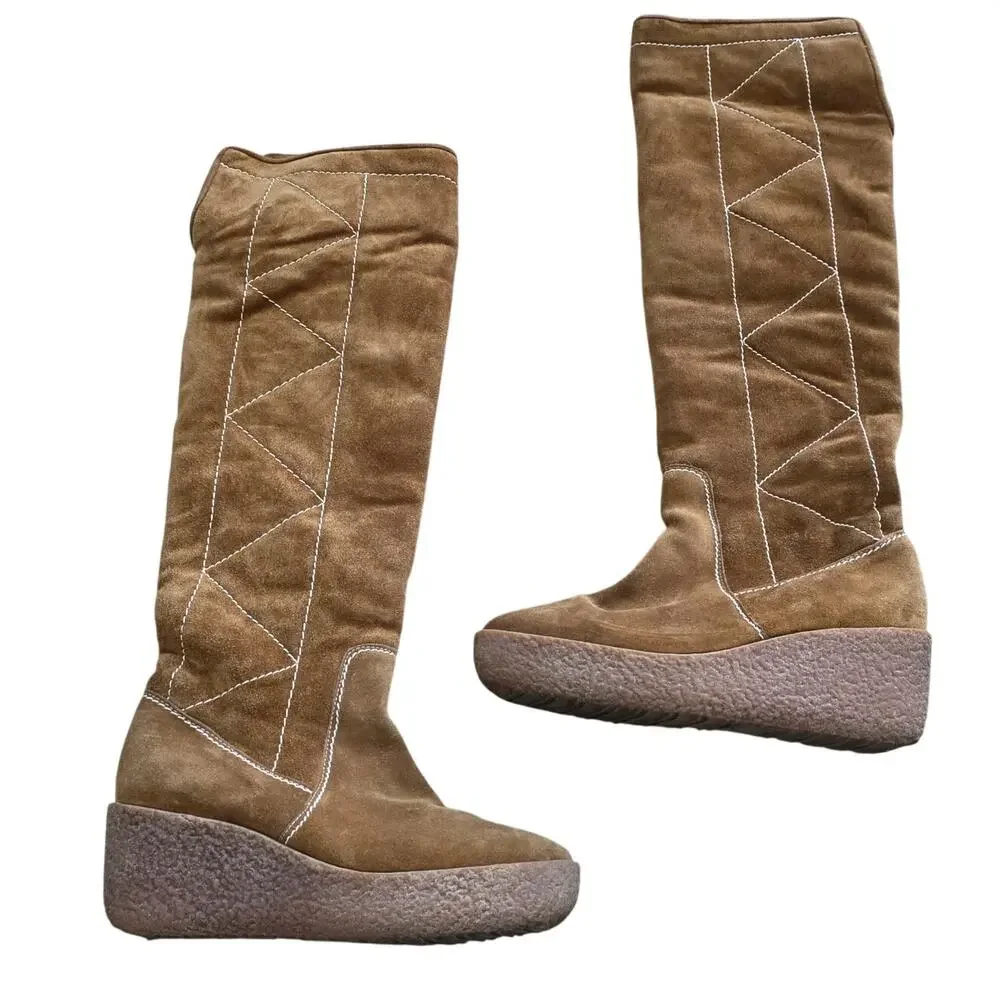 Michael Kors Crosby Camel Brown Suede Leather Knee High Wedge Boot sz 8 Winter